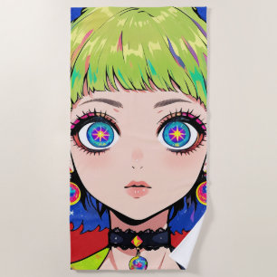 Glitchcore Space Girl With Star Eyes Beach Towel