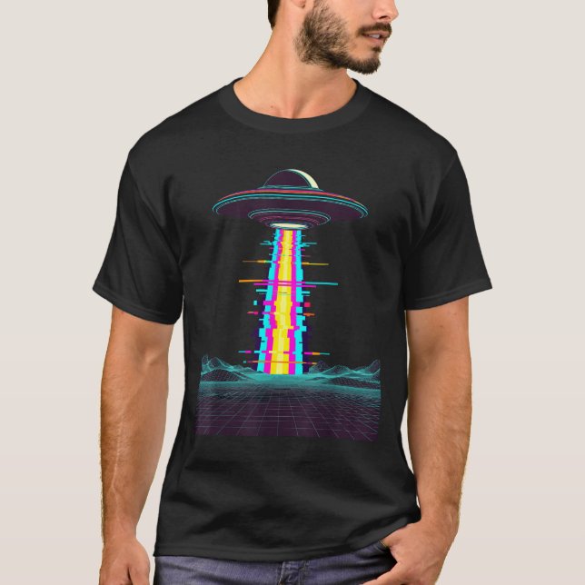 Glitchcore ufo abduction synthwave vaporwave alien T-Shirt (Front)