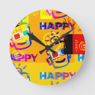 GLITCHED HAPPY Pillow Round Clock