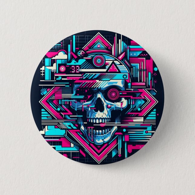Glitched Out Skull Cyberpunk 6 Cm Round Badge (Front)