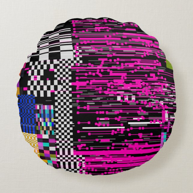 Glitched retro VHS screen with flickers and broken Round Cushion (Front)