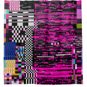 Glitched retro VHS screen with flickers and broken Shower Curtain