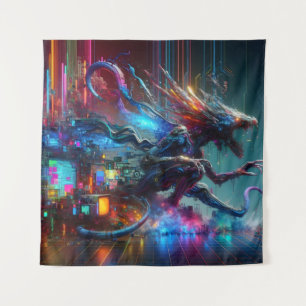 Glitching Creature Emerging from TV Screen Tapestry