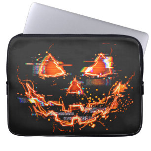 Glitchy Neon Jack O Lantern Cyberpunk Halloween Laptop Sleeve