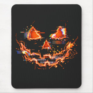 Glitchy Neon Jack O Lantern Cyberpunk Halloween Mouse Pad
