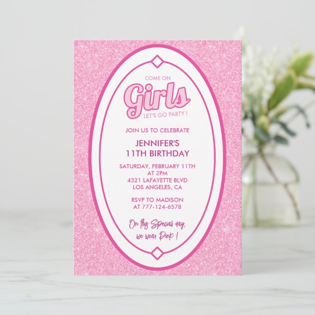 Glitter 11th birthday invitation Doll blush pink (Standing Front)