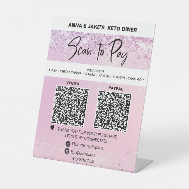 *~* Glitter - 2 QR PAYMENT -  Tabletop  Table Tent Pedestal Sign (Front)