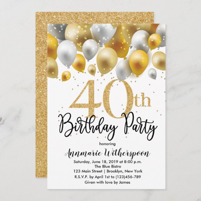 Glitter 40th Birthday Invitation Gold Balloons (Front/Back)