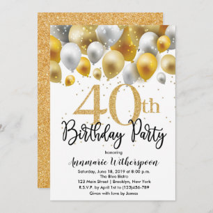 Glitter 40th Birthday Invitation Gold Balloons