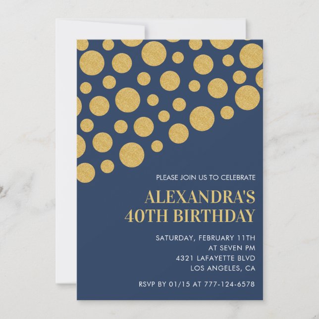 Glitter 40th birthday invitations Gold Navy  (Front)