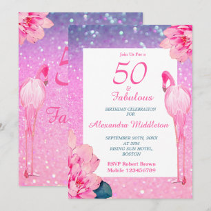 Glitter 50 Fabulous Flamingo Pink Floral Birthday Invitation