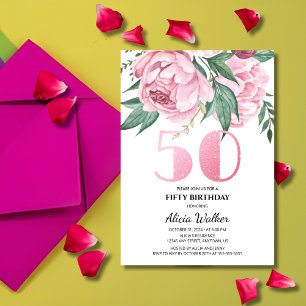 Glitter 50th Pink Peony Floral Greenery Birthday Invitation