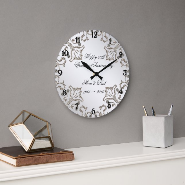 Glitter 60th Diamond Wedding Anniversary Clock (Office)