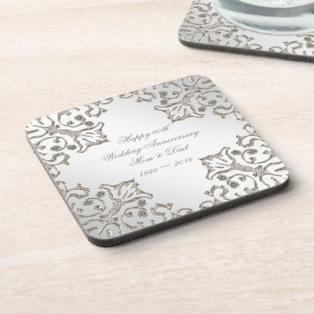 Glitter 60th Diamond Wedding Anniversary Coaster (Left Side)