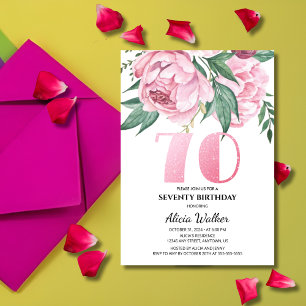Glitter 70th Pink Peony Floral Greenery Birthday  Invitation