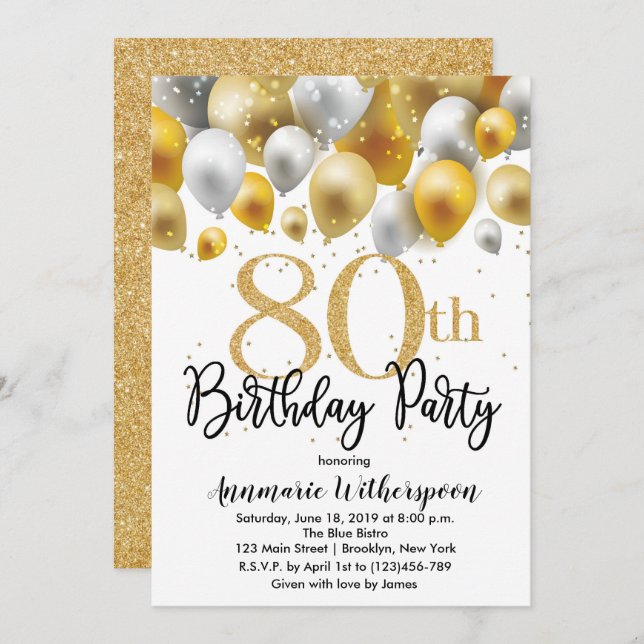 Glitter 80th Birthday Invitation Gold Balloons (Front/Back)