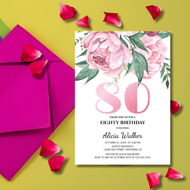 Glitter 80th Pink Peony Floral Greenery Birthday  Invitation (Creator Uploaded)