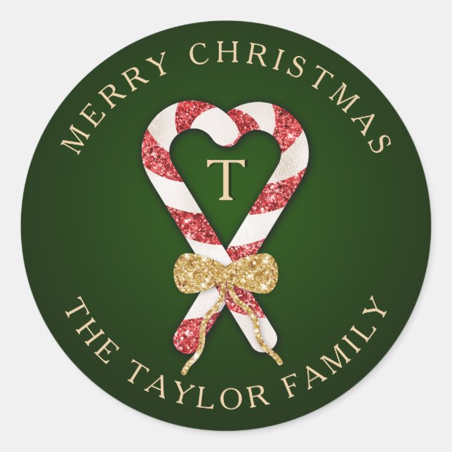 Glitter Add Name Monogram Merry Christmas Classic Round Sticker (Front)