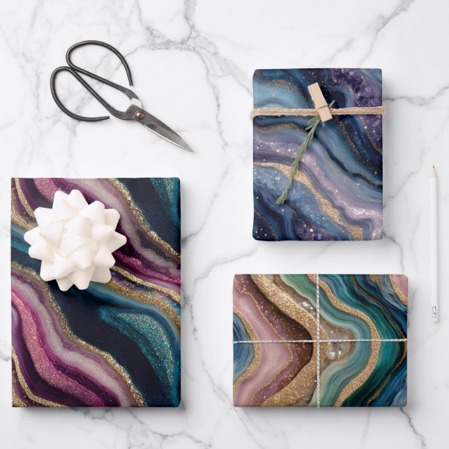 Glitter Agate Pink Blue Purple Wrapping Paper Set (Front)