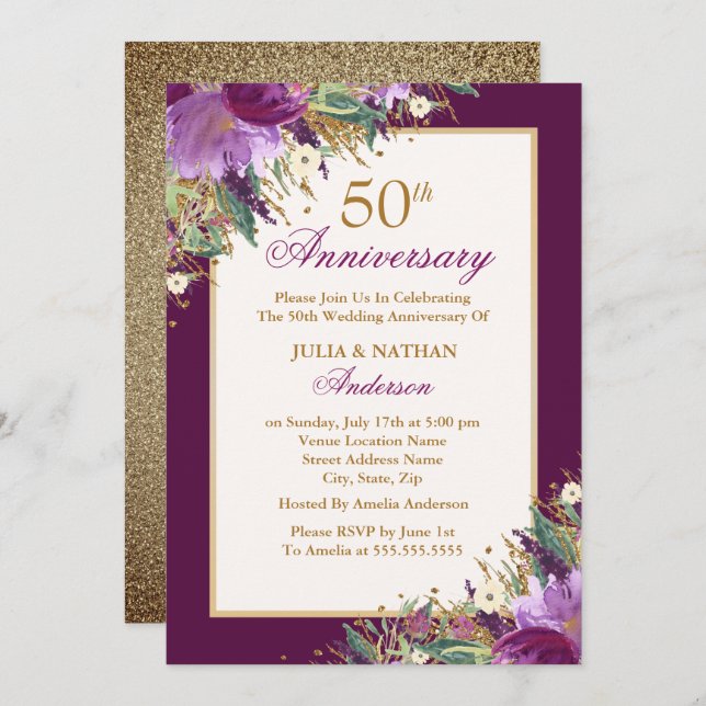 Glitter Amethyst Purple Floral 50th Anniversary Invitation (Front/Back)