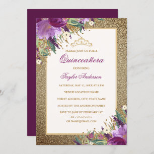 Glitter Amethyst Purple Floral Tiara Quinceanera Invitation