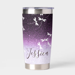Glitter and dragonflies personalised insulated tumbler