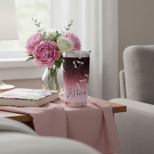 Glitter and dragonflies personalised insulated tumbler