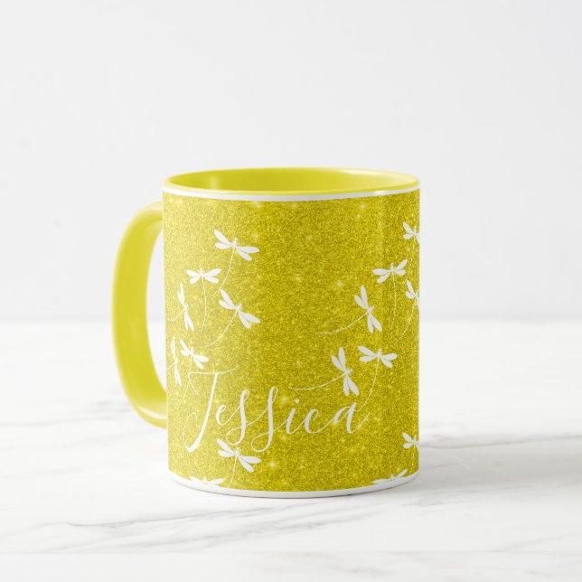 Glitter and dragonflies personalised mug (Front Left)