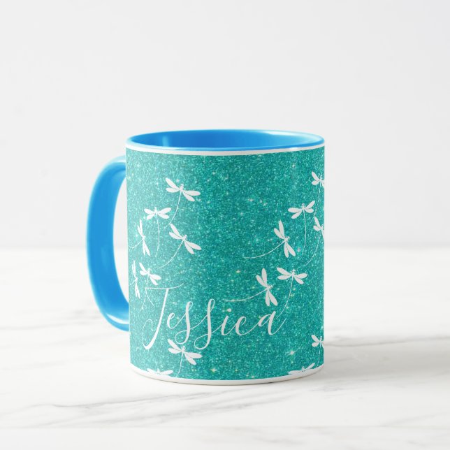Glitter and dragonflies personalised mug (Front Left)