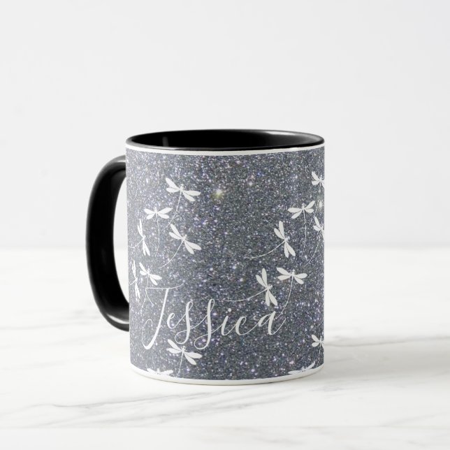 Glitter and dragonflies personalised mug (Front Left)