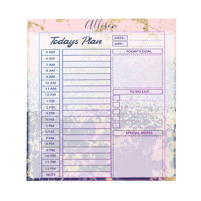 Glitter and marble personalised day planner notepad (Front)