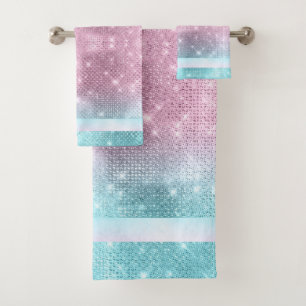 Glitter and Shine Pattern Pink/Teal ID671 Bath Towel Set