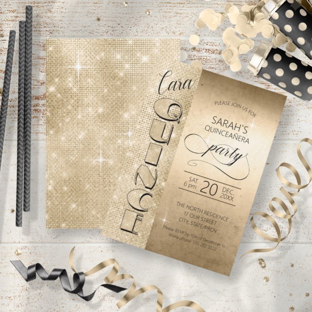 Glitter and Shine Quinceanera Gold ID701 Invitation (Front/Back In Situ)