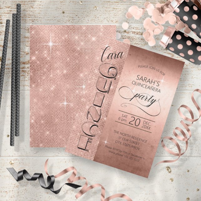 Glitter and Shine Quinceanera Rose Gold ID701 Invitation (Front/Back In Situ)