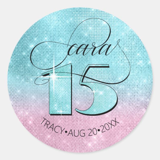 Glitter and Shine Quinceanera Teal/Pink ID701 Classic Round Sticker (Front)