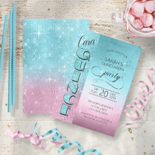 Glitter and Shine Quinceanera Teal/Pink ID701 Invitation