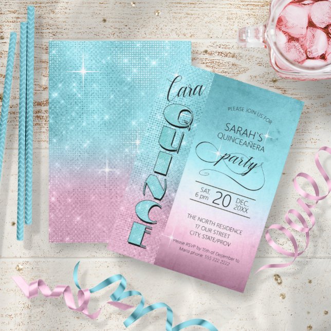 Glitter and Shine Quinceanera Teal/Pink ID701 Invitation (Front/Back In Situ)