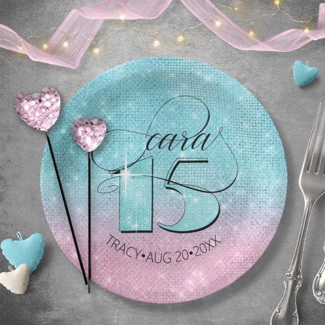 Glitter and Shine Quinceanera Teal/Pink ID701 Paper Plate (Creator Uploaded)