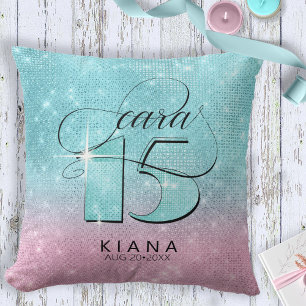 Glitter and Shine Quinceanera Teal/Pink V2 ID701 Cushion