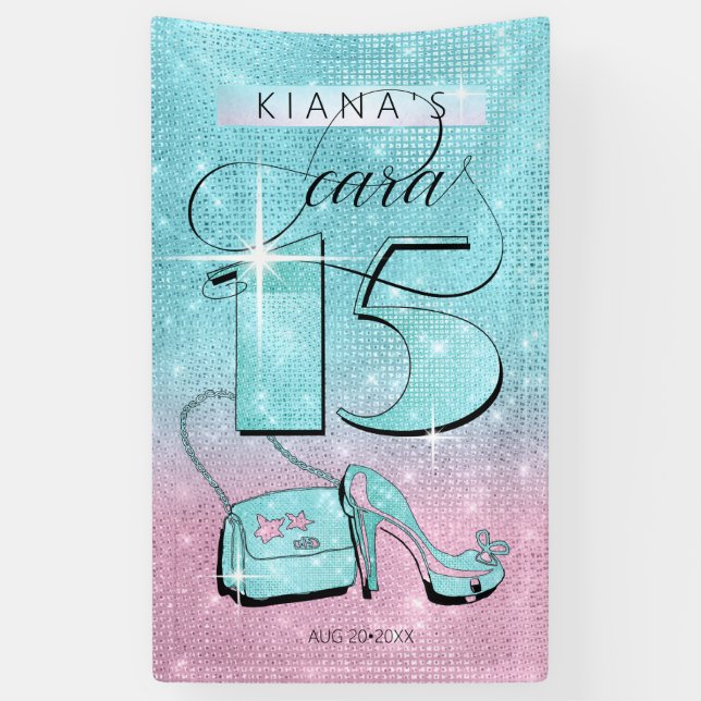 Glitter and Shine Quinceanera Teal/Pink Vert ID701 Banner (Vertical)