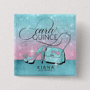 Glitter and Shine Quinceanera V2 Teal/Pink ID701 15 Cm Square Badge