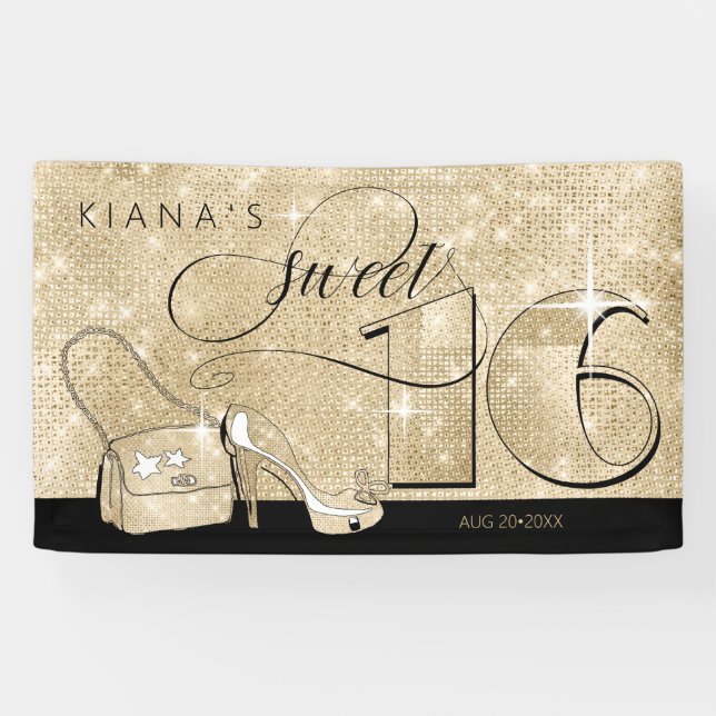 Glitter and Shine Sweet 16 Black/Gold Hor ID675 Banner (Horizontal)