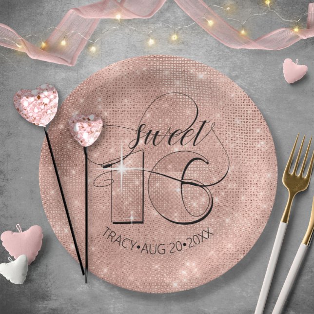 Glitter and Shine Sweet 16 Rose Gold ID675 Paper Plate (Creator Uploaded)