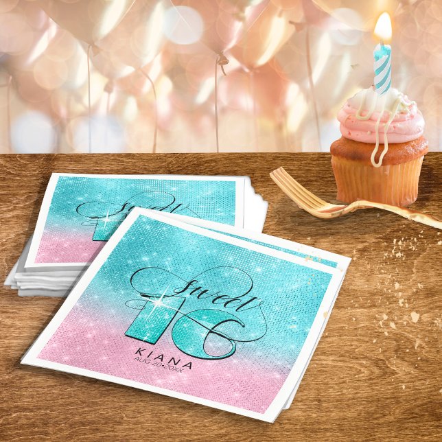 Glitter and Shine Sweet 16 Teal/Pink ID675 Napkin (Creator Uploaded)
