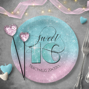 Glitter and Shine Sweet 16 Teal/Pink ID675 Paper Plate