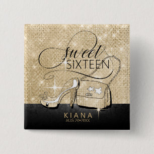 Glitter and Shine Sweet 16 V2 Black/Gold ID675 15 Cm Square Badge