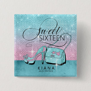 Glitter and Shine Sweet 16 V2 Teal/Pink ID675 15 Cm Square Badge