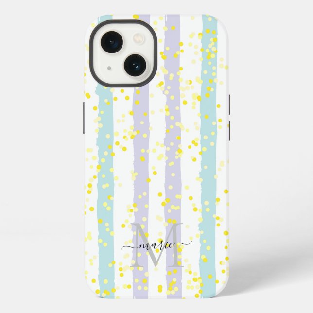 Glitter and stripes Monogram Script Name Initial iPhone Case (Back)