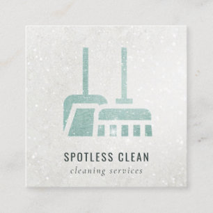 Glitter Aqua Blue Teal Broom Cleaning Service Square Business Card
