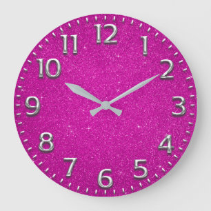 Glitter Arabic Number Metal Gray Fuchsia Pink Large Clock